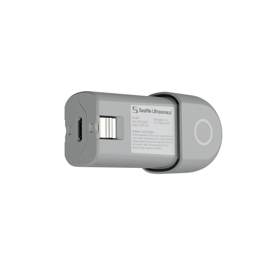 Seattle Ultrasonics battery pack at an angle showing USB-C connector for recharging.