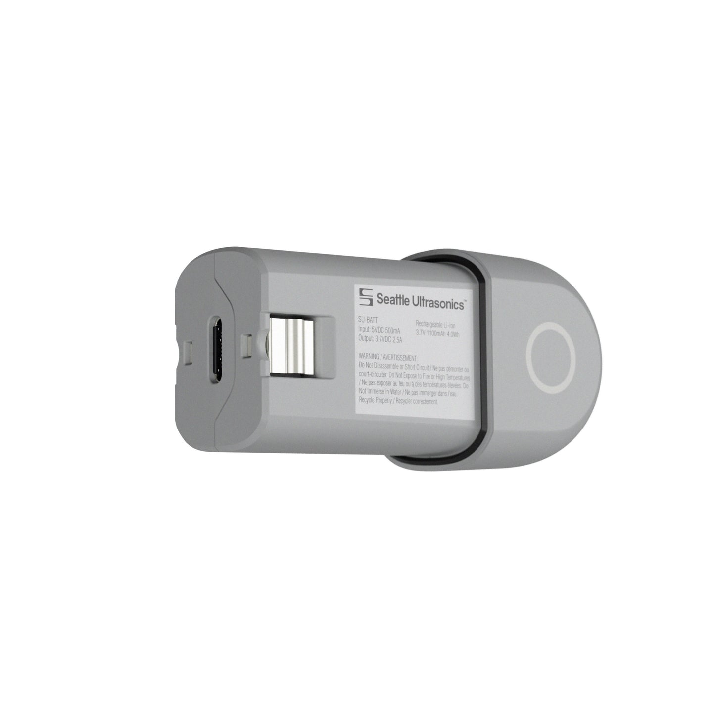 Gray electronic battery with Seattle Ultrasonics branding on a white background