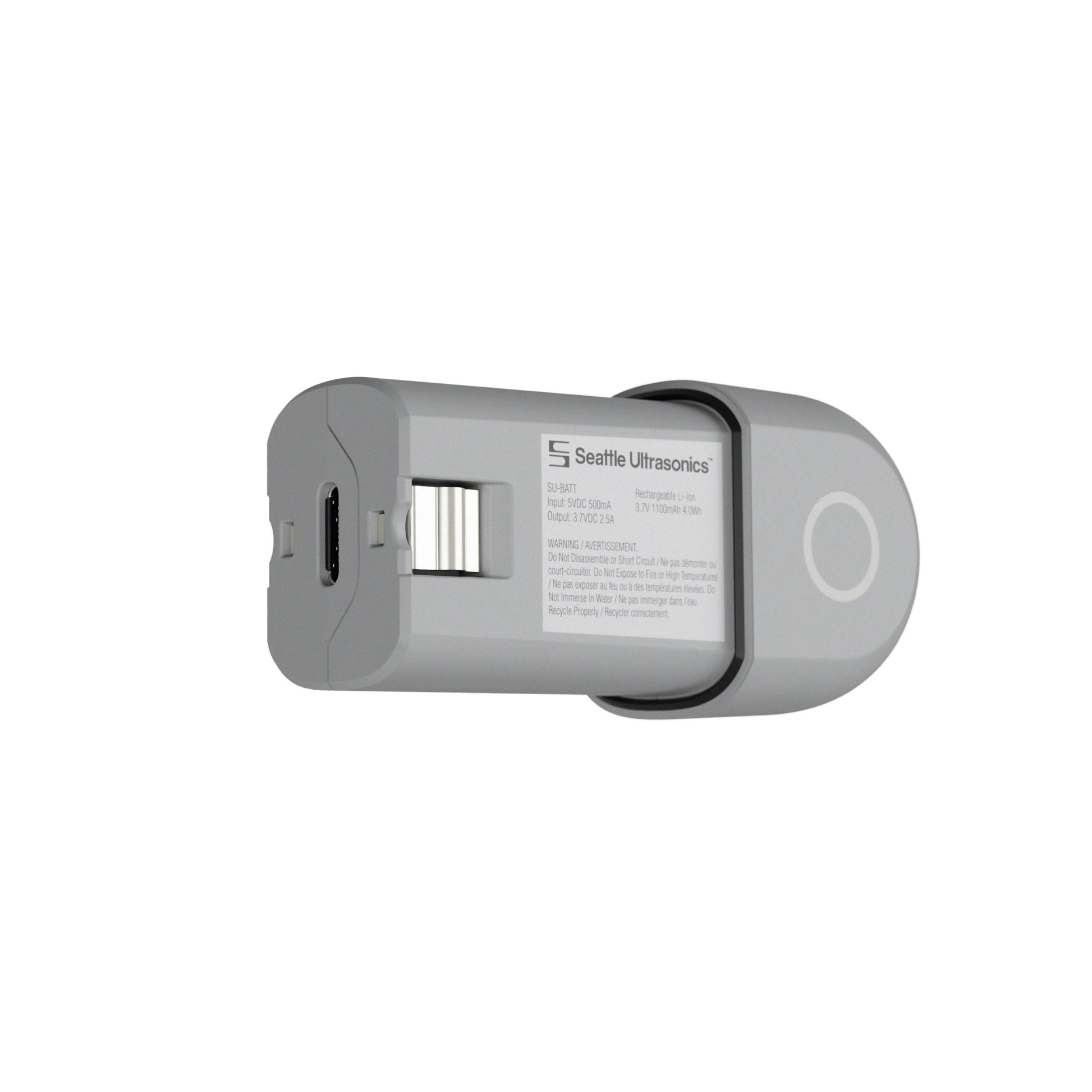 Gray electronic battery with Seattle Ultrasonics branding on a white background