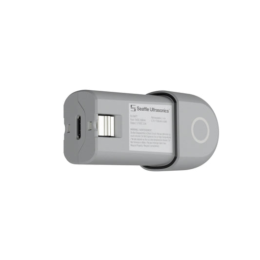 Gray electronic battery with Seattle Ultrasonics branding on a white background