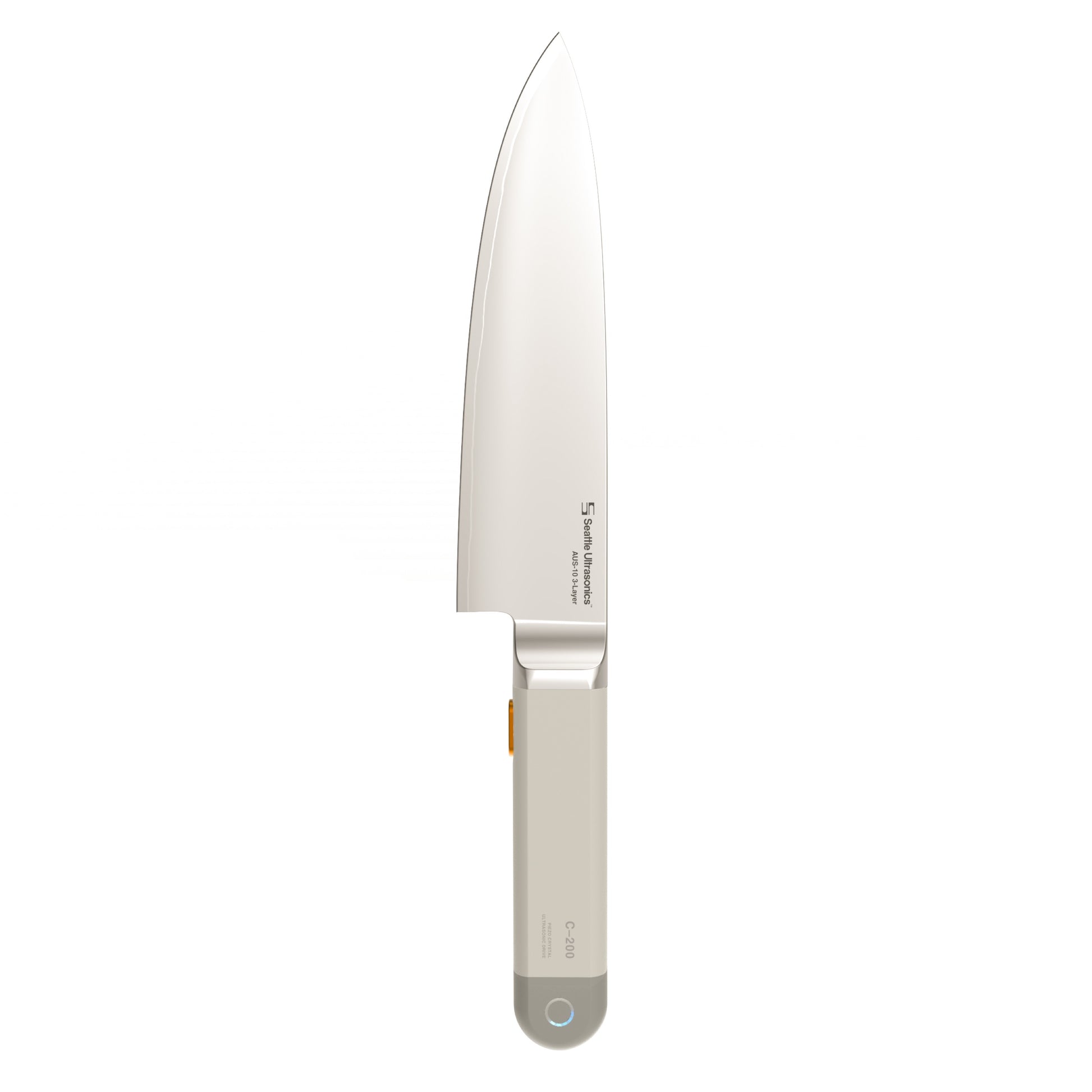 Chef's knife with a white handle on a white background