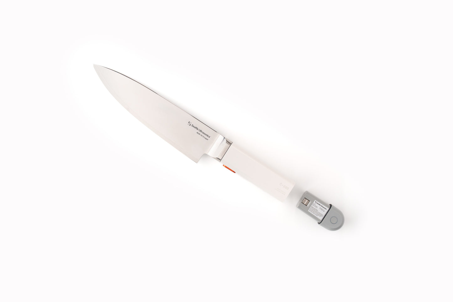 White knife with a silver blade on a white background